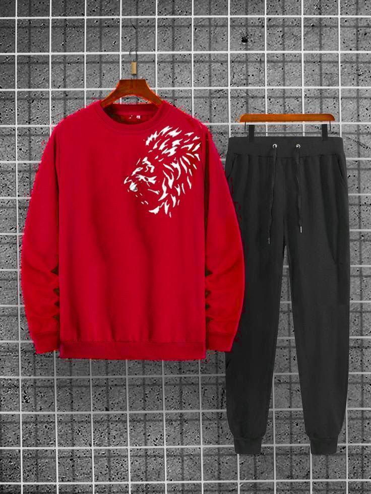 MEN'S POLYESTER TRACK SUIT -2PCS RED PLAIN SET