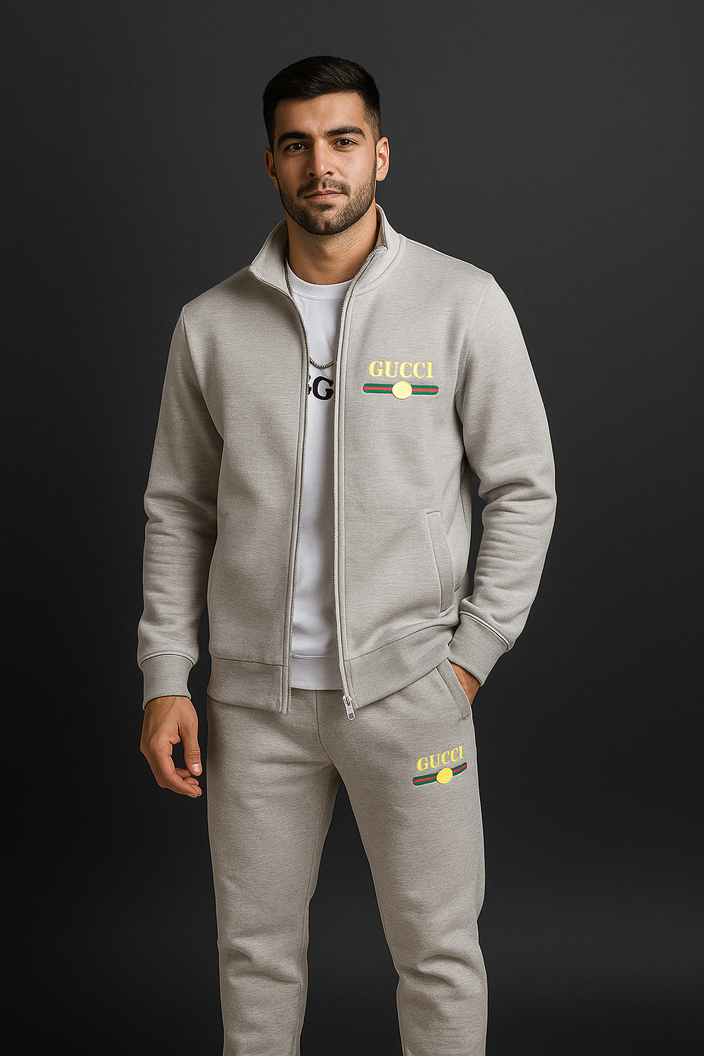 MEN'S RINTED FLEECE ZIPPER TRACK SUIT -2PCS IN GREY