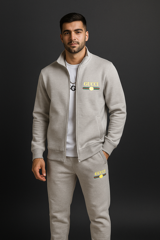 MEN'S RINTED FLEECE ZIPPER TRACK SUIT -2PCS IN GREY